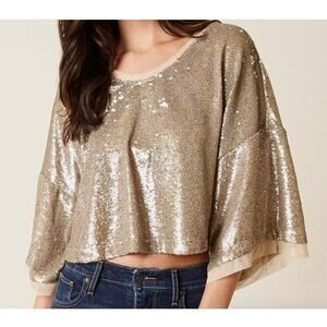 Free‎ People Top Womens Small Gold Champage Dreams Sequin Blouse Glam